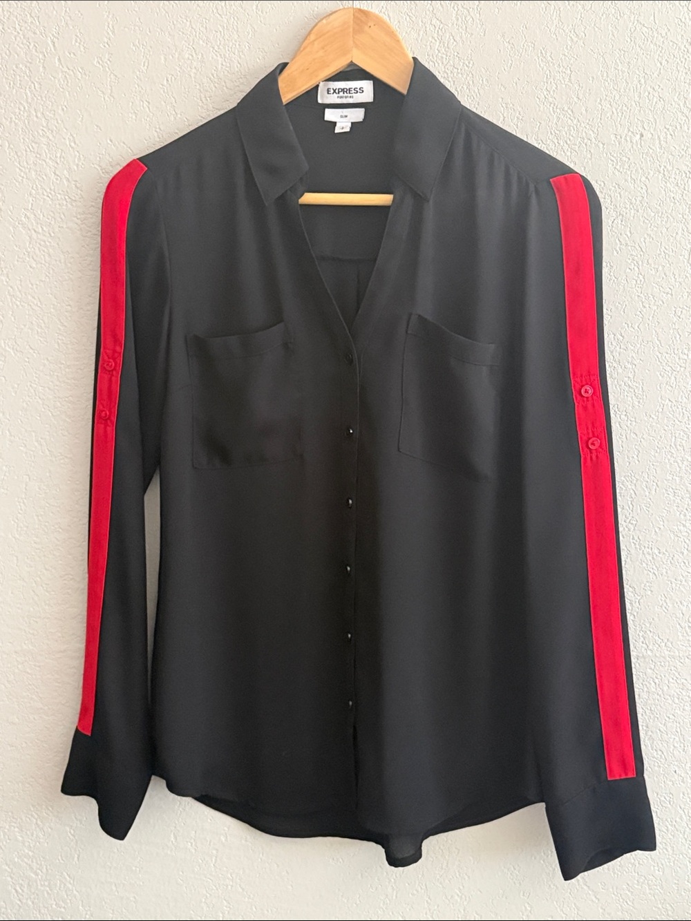 Express Black Button-Up Shirt with Red Shoulder Stripes Slim Fit